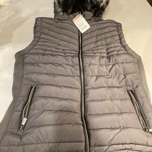 Grey faux fur lined hooded puffy vest